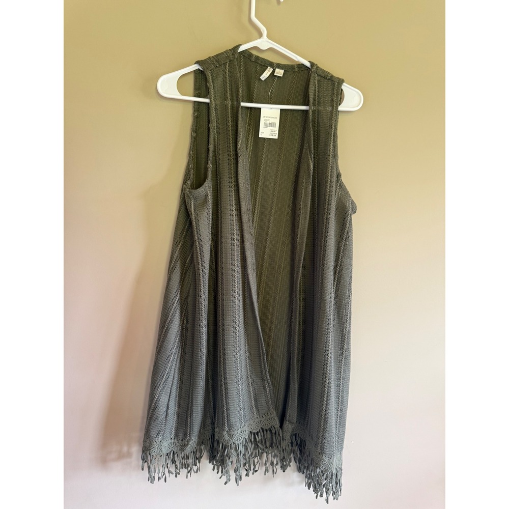 Cato‎ Womens Sea Grass Green Knit Fringe Longline Vest Cardigan Large NWT